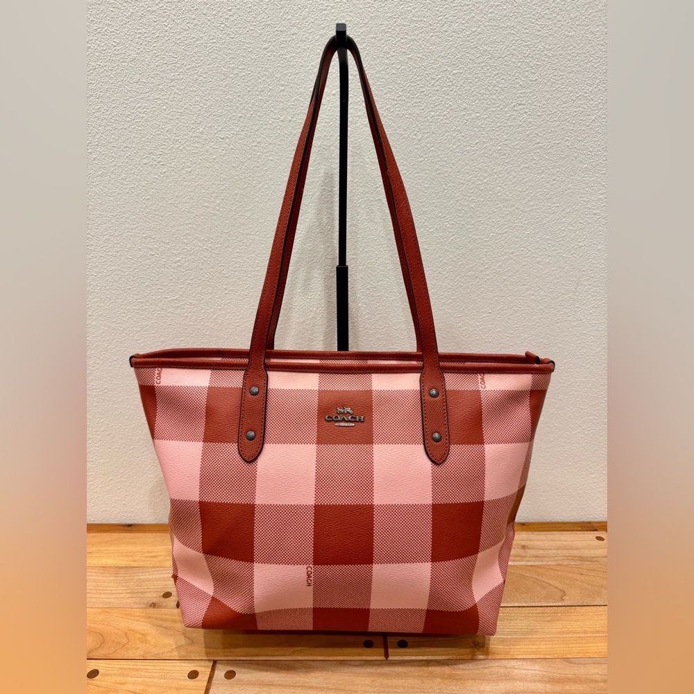 Coach City Zip Tote in Blush and Harvest Orange Buffalo Print